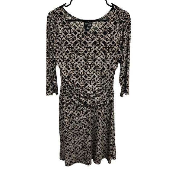 En Focus Studio Black Tan Geometric Print Ruched Waist Dress Size 12 - Picture 1 of 9